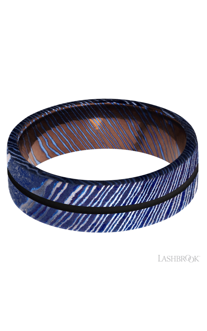 7 mm wide/Flat/Titanium Damascus band with one 1 mm Centered inlay of Black.