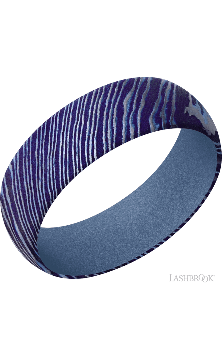 7 mm wide Domed Titanium Damascus band featuring a Crushed Orchid sleeve.