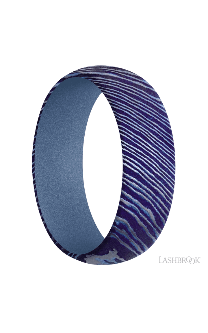 7 mm wide Domed Titanium Damascus band featuring a Crushed Orchid sleeve.