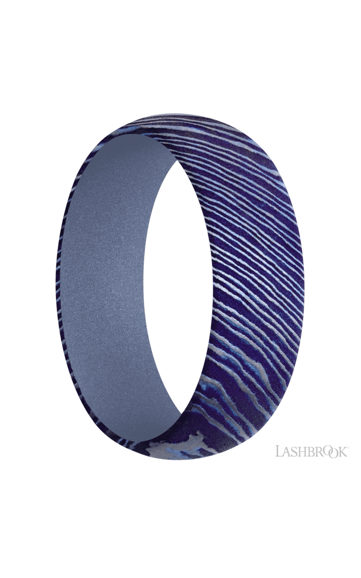 7 mm wide Domed Titanium Damascus band featuring a Crushed Orchid sleeve.