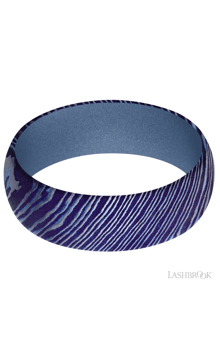 7 mm wide Domed Titanium Damascus band featuring a Crushed Orchid sleeve.