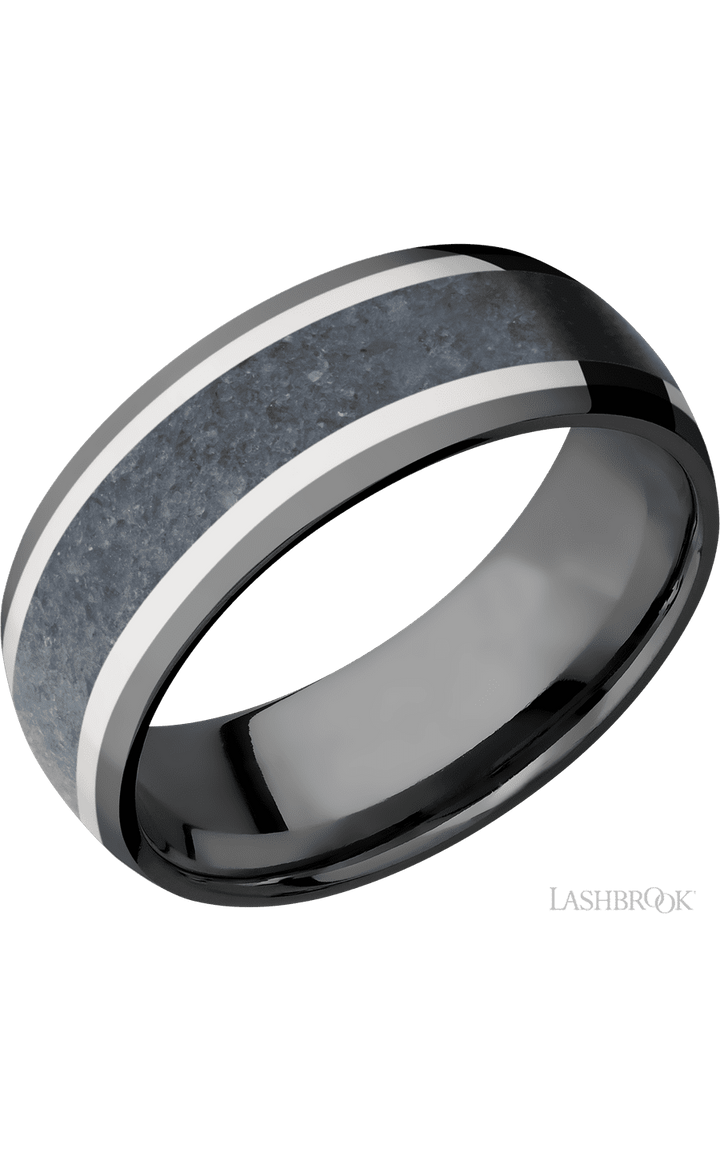 8 mm wide/Domed/Zirconium band featuring inlays of 14K White Gold and Blue Sapphire.
