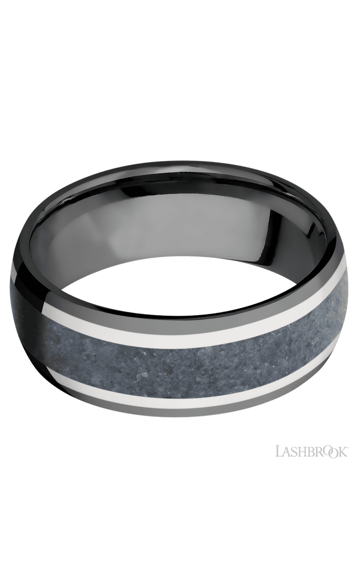 8 mm wide/Domed/Zirconium band featuring inlays of 14K White Gold and Blue Sapphire.