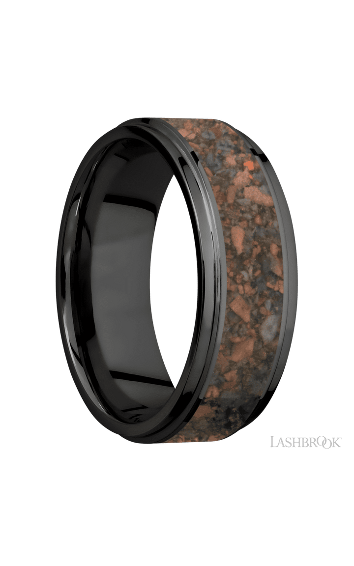8 mm wide/Flat Grooved Edges/Zirconium band with one 5 mm Centered inlay of Desert Jasper.
