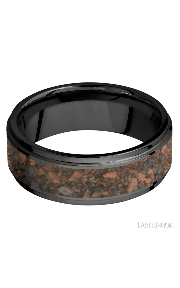 8 mm wide/Flat Grooved Edges/Zirconium band with one 5 mm Centered inlay of Desert Jasper.