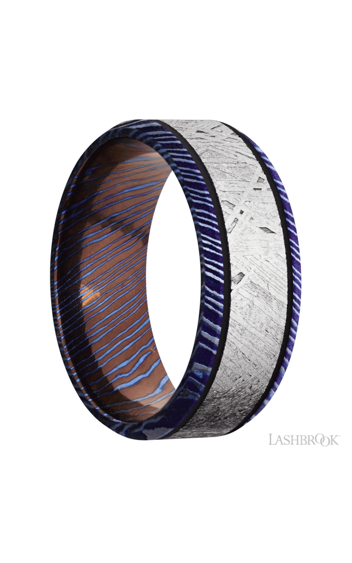 8 mm wide/Beveled/Titanium Damascus band with one 5 mm Centered inlay of Meteorite.