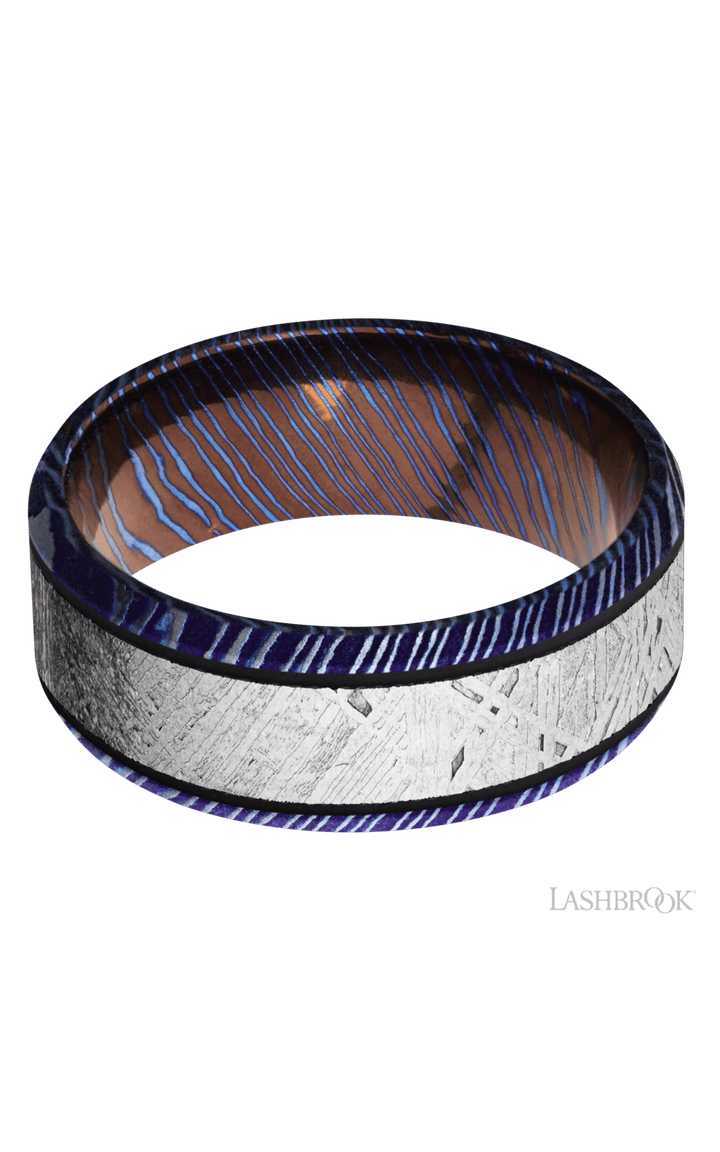 8 mm wide/Beveled/Titanium Damascus band with one 5 mm Centered inlay of Meteorite.