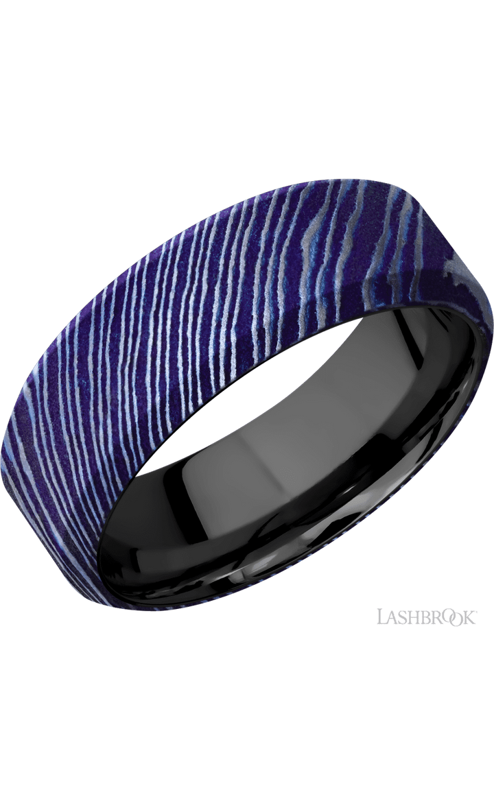 8 mm wide High Bevel Titanium Damascus band featuring a Zirconium sleeve.