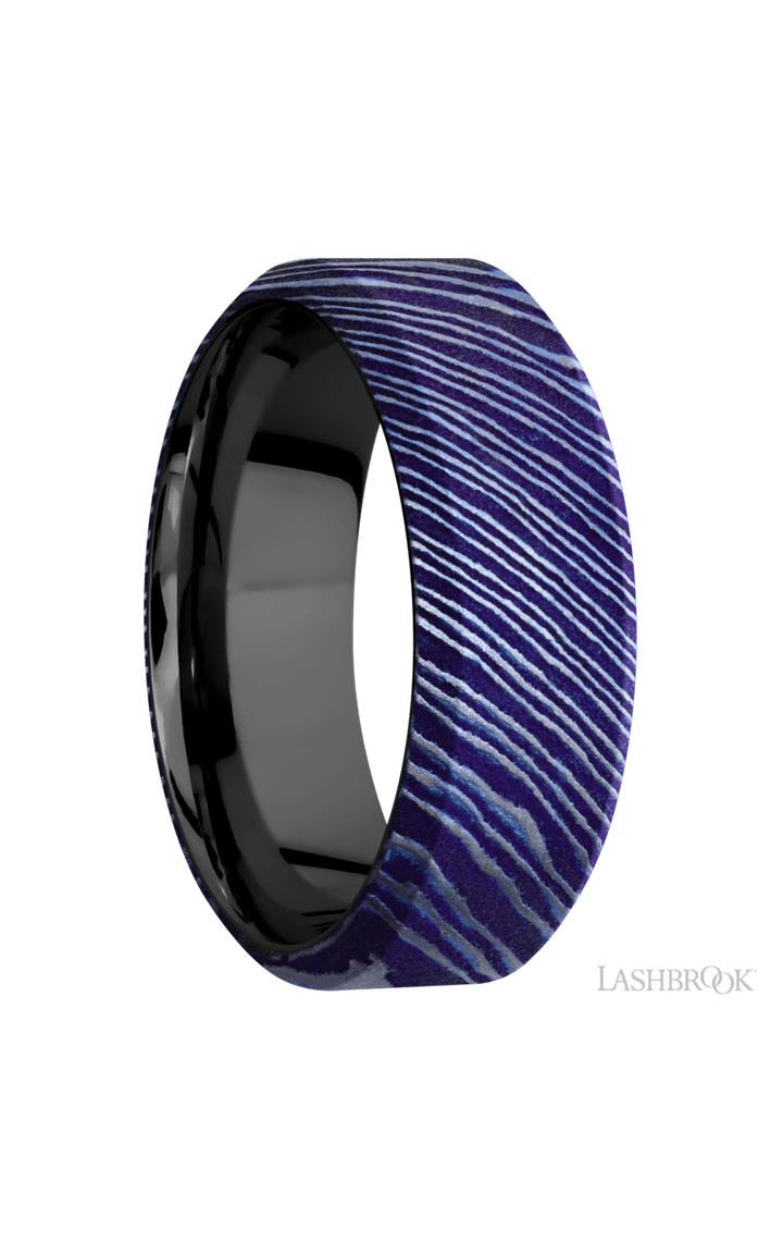 8 mm wide High Bevel Titanium Damascus band featuring a Zirconium sleeve.