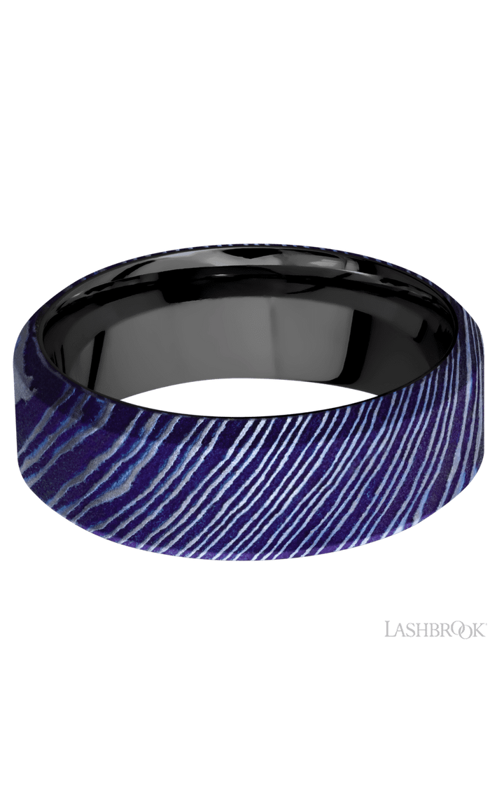 8 mm wide High Bevel Titanium Damascus band featuring a Zirconium sleeve.
