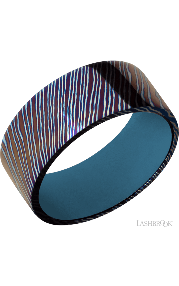 9 mm wide Flat Titanium Damascus band featuring a Royal Blue sleeve.