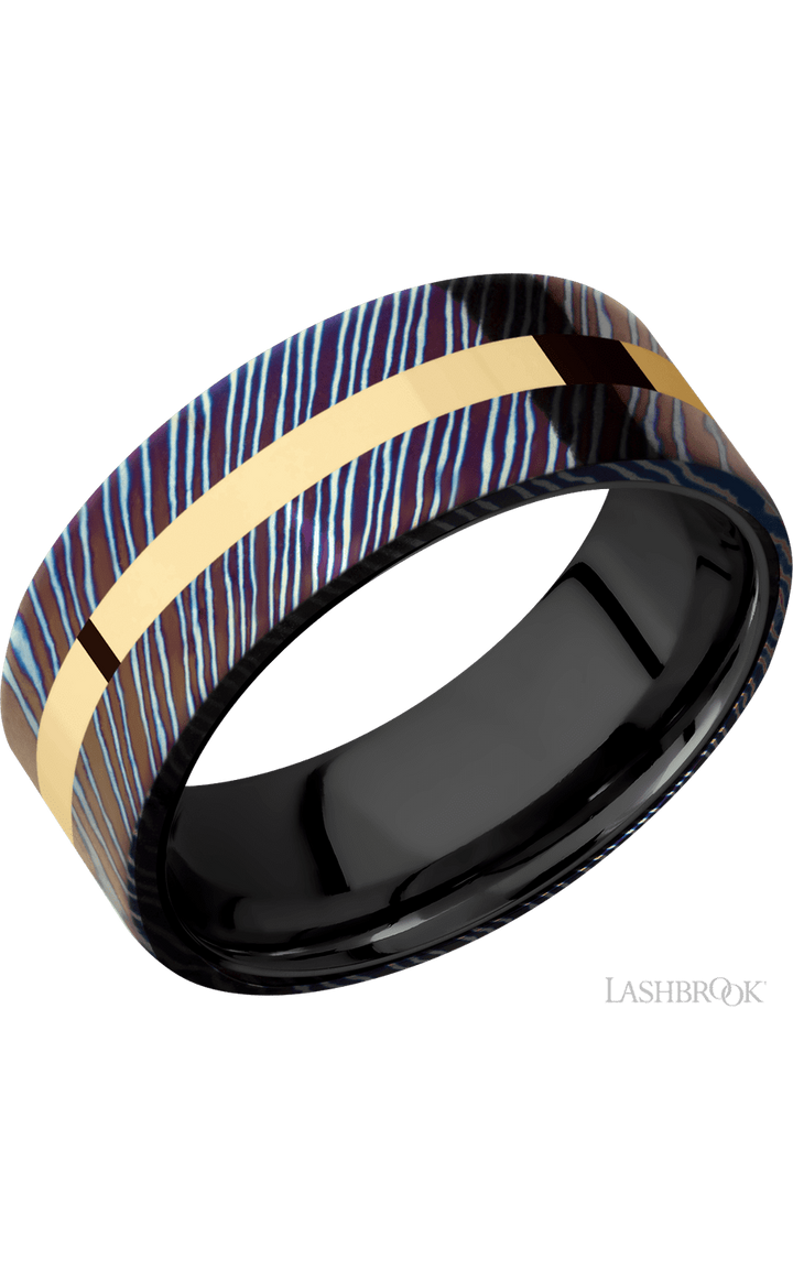 8 mm wide/Flat/Titanium Damascus band with one 2 mm Centered inlay of 14K Yellow Gold also featuring a Zirconium sleeve.