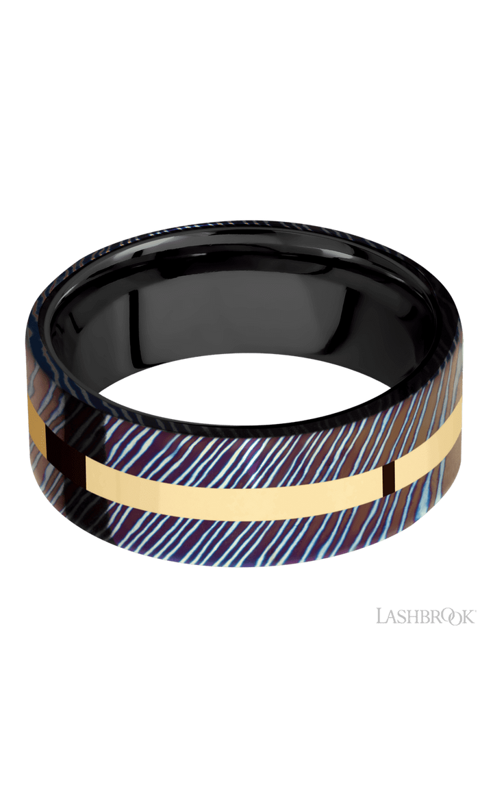 8 mm wide/Flat/Titanium Damascus band with one 2 mm Centered inlay of 14K Yellow Gold also featuring a Zirconium sleeve.