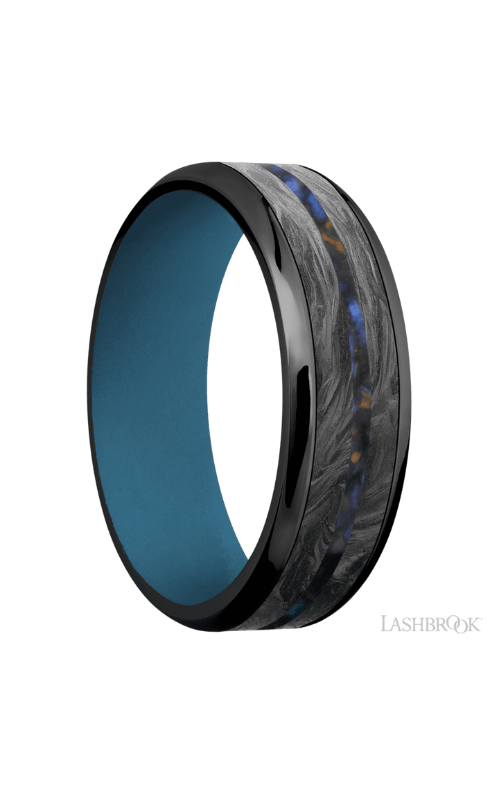 7 mm wide/Beveled/Zirconium band featuring inlays of Forged Carbon Fiber and Blue Tiger Eye also featuring a Royal Blue sleeve.