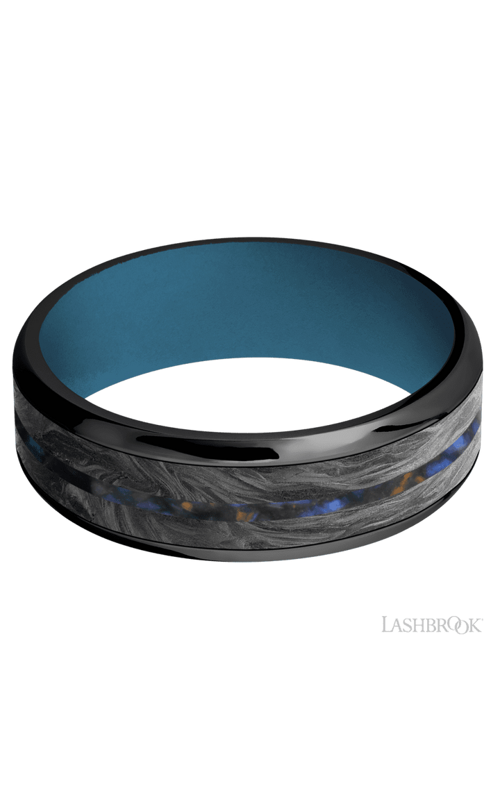 7 mm wide/Beveled/Zirconium band featuring inlays of Forged Carbon Fiber and Blue Tiger Eye also featuring a Royal Blue sleeve.