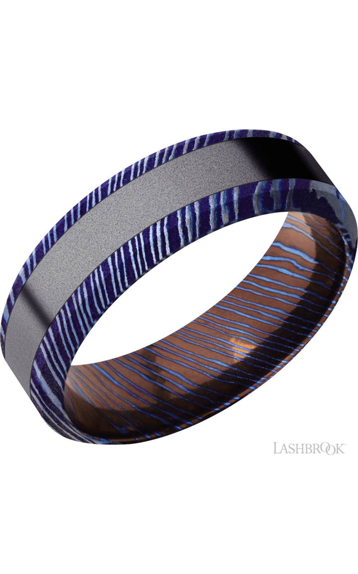 7 mm wide/High Bevel/Titanium Damascus band with one 3 mm Centered inlay of Tantalum.