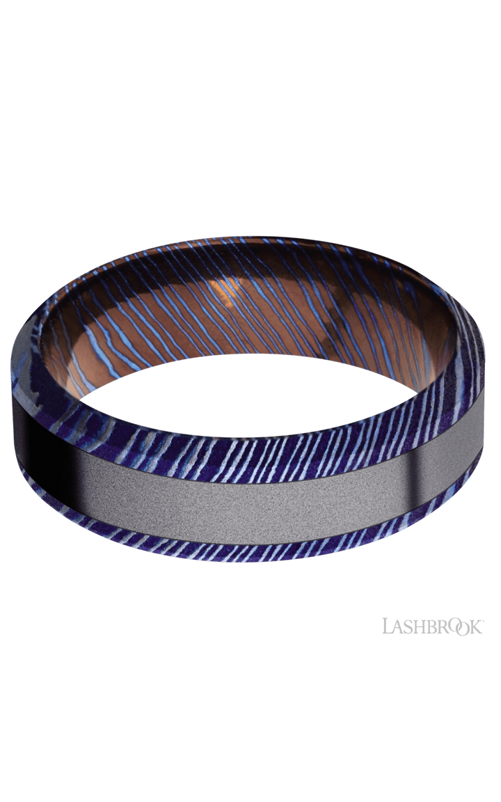 7 mm wide/High Bevel/Titanium Damascus band with one 3 mm Centered inlay of Tantalum.