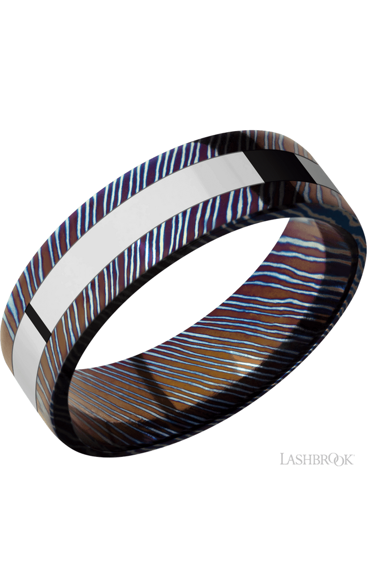 7 mm wide/Flat/Titanium Damascus band with one 3 mm Centered inlay of Cobalt Chrome.