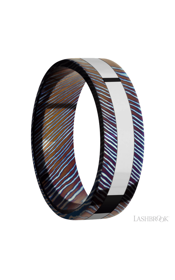 7 mm wide/Flat/Titanium Damascus band with one 3 mm Centered inlay of Cobalt Chrome.