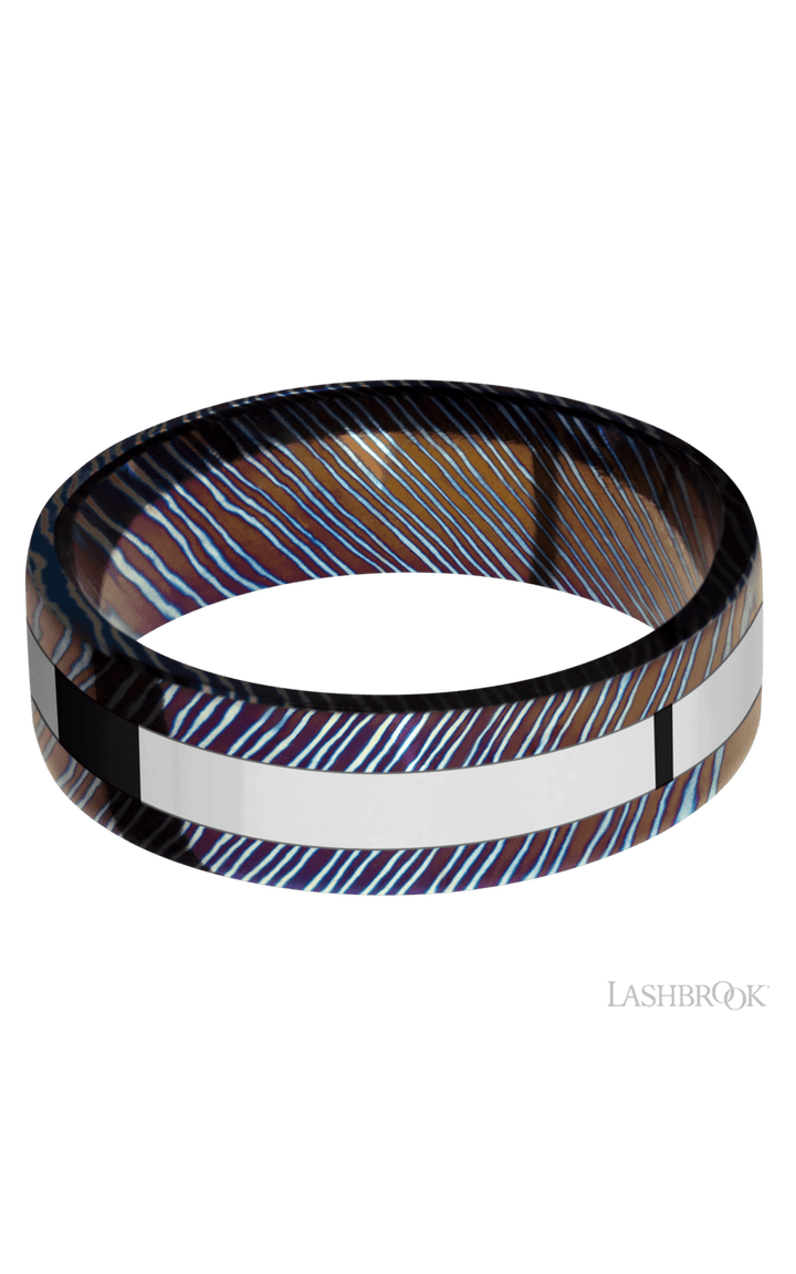 7 mm wide/Flat/Titanium Damascus band with one 3 mm Centered inlay of Cobalt Chrome.