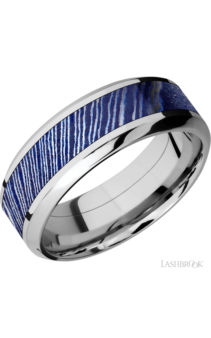8 mm wide/High Bevel/Cobalt Chrome band with one 4 mm Centered inlay of Titanium Damascus.