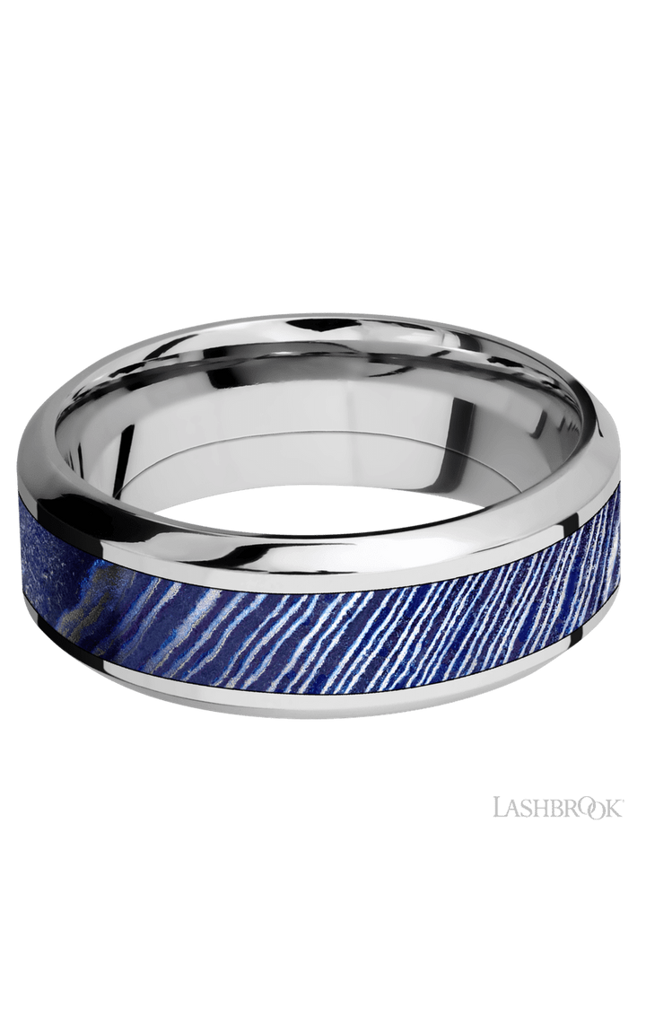 8 mm wide/High Bevel/Cobalt Chrome band with one 4 mm Centered inlay of Titanium Damascus.