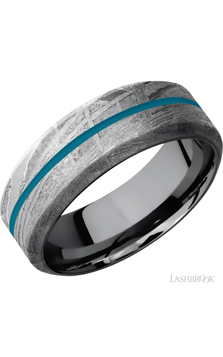 8 mm wide/High Bevel/Meteorite band with one 1 mm Centered inlay of Sea Blue also featuring a Tantalum sleeve.
