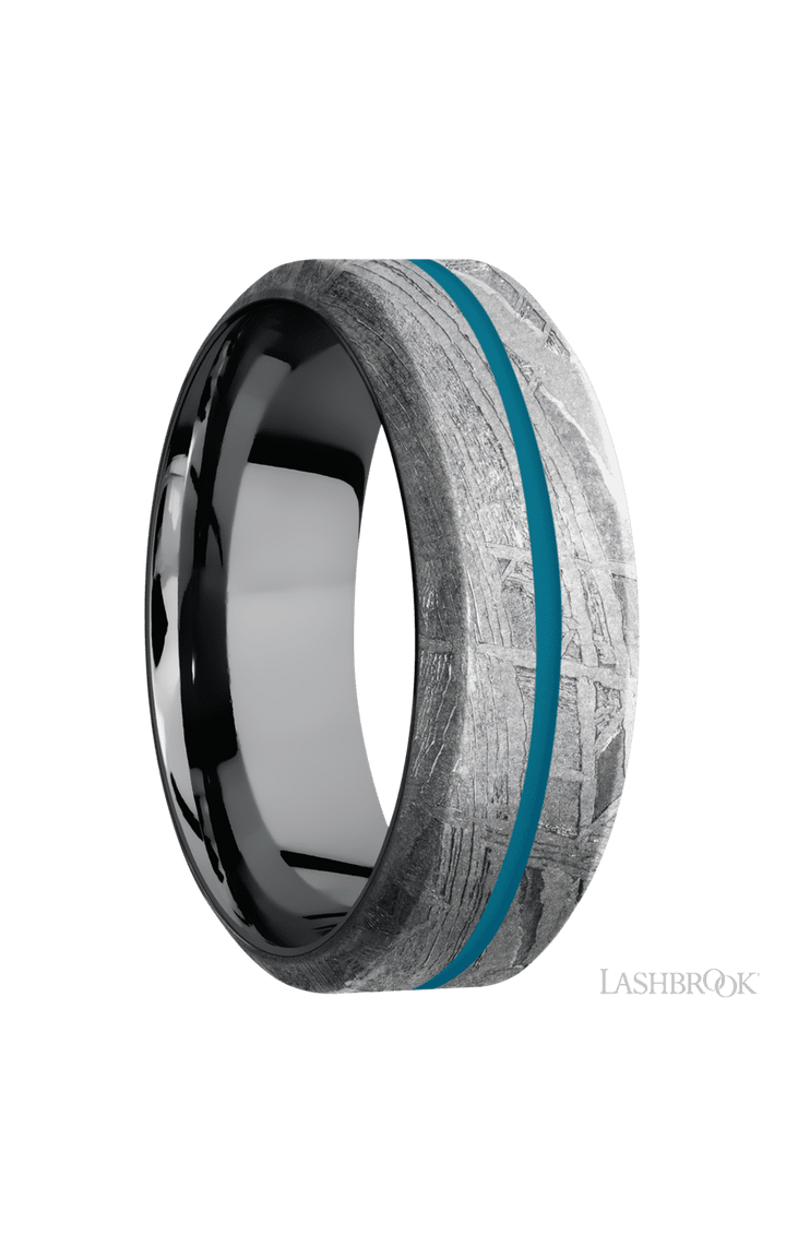 8 mm wide/High Bevel/Meteorite band with one 1 mm Centered inlay of Sea Blue also featuring a Tantalum sleeve.