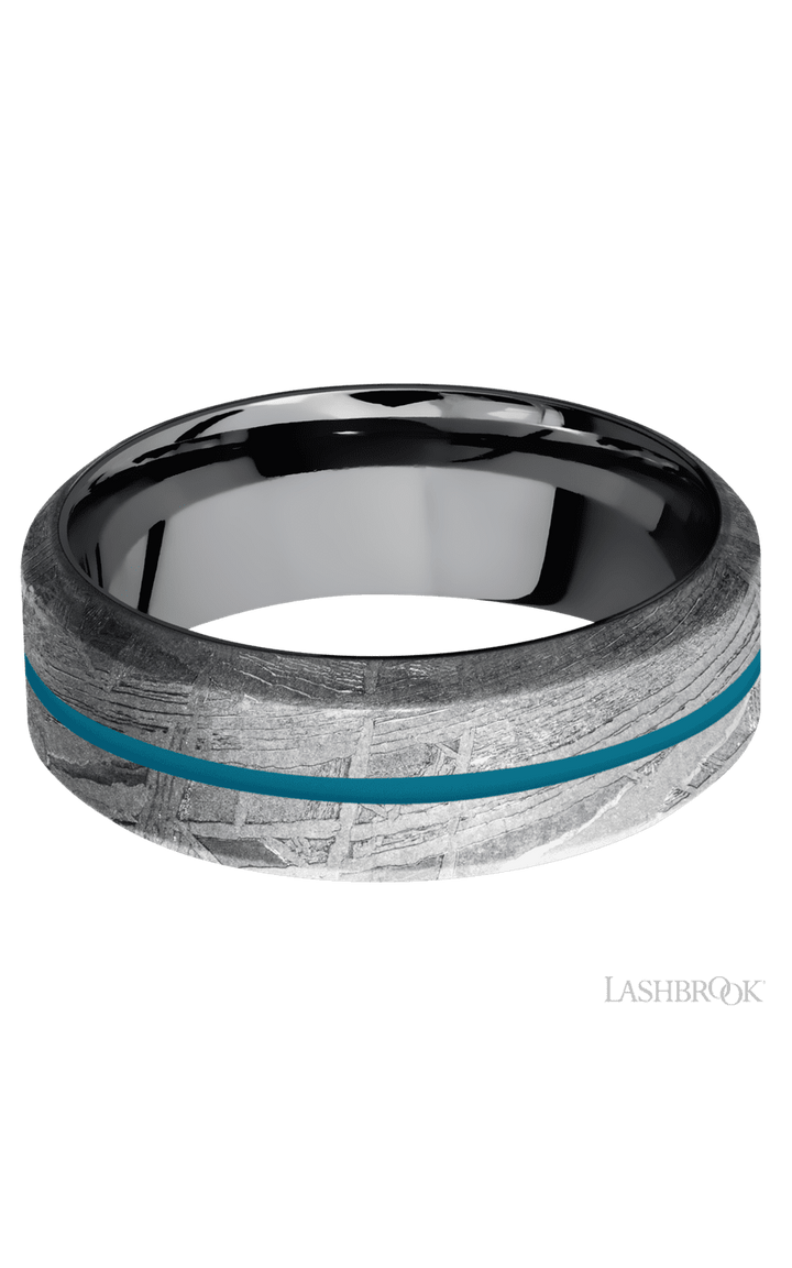 8 mm wide/High Bevel/Meteorite band with one 1 mm Centered inlay of Sea Blue also featuring a Tantalum sleeve.