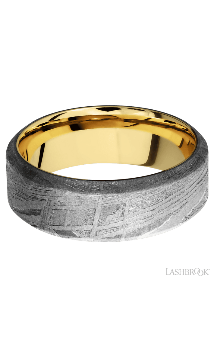8 mm wide High Bevel Meteorite band featuring a 14K Yellow Gold sleeve.