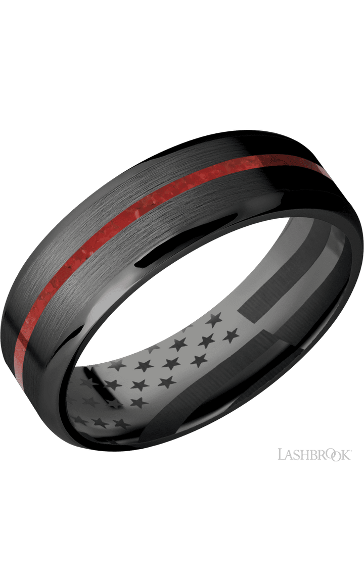 7 mm wide/Beveled/Zirconium band with one 1 mm Centered inlay of Coral.