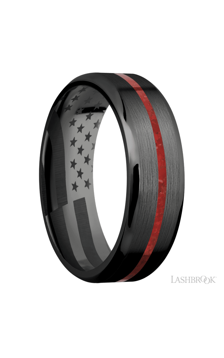 7 mm wide/Beveled/Zirconium band with one 1 mm Centered inlay of Coral.