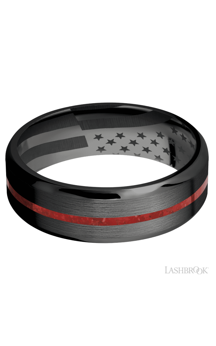 7 mm wide/Beveled/Zirconium band with one 1 mm Centered inlay of Coral.