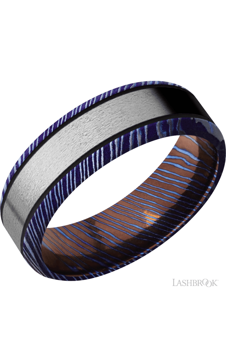 7 mm wide/Beveled/Titanium Damascus band with one 4 mm Centered inlay of Titanium.