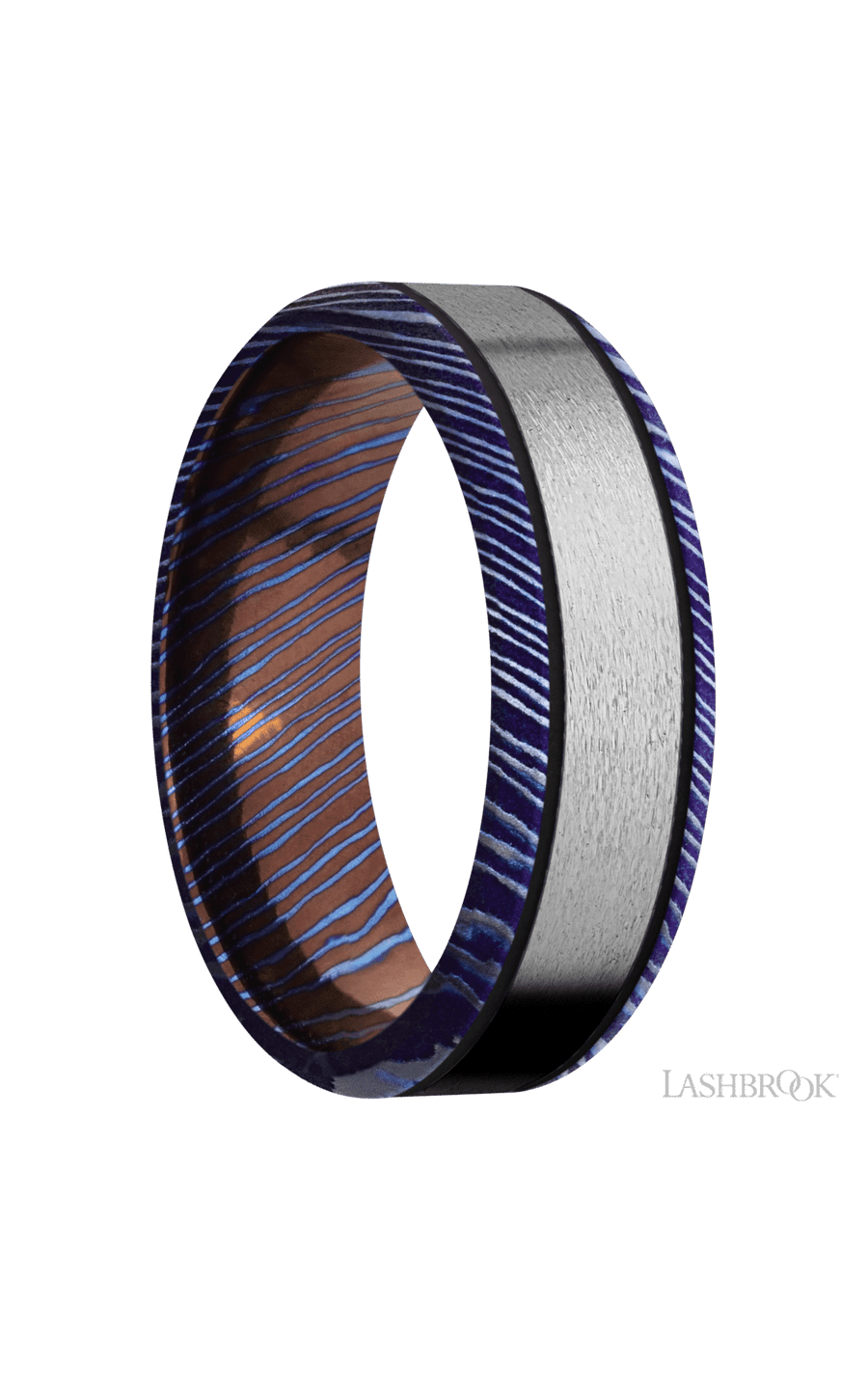 7 mm wide/Beveled/Titanium Damascus band with one 4 mm Centered inlay of Titanium.