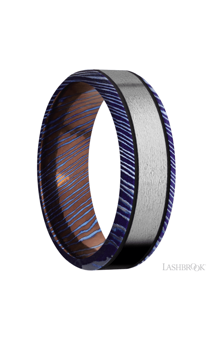 7 mm wide/Beveled/Titanium Damascus band with one 4 mm Centered inlay of Titanium.