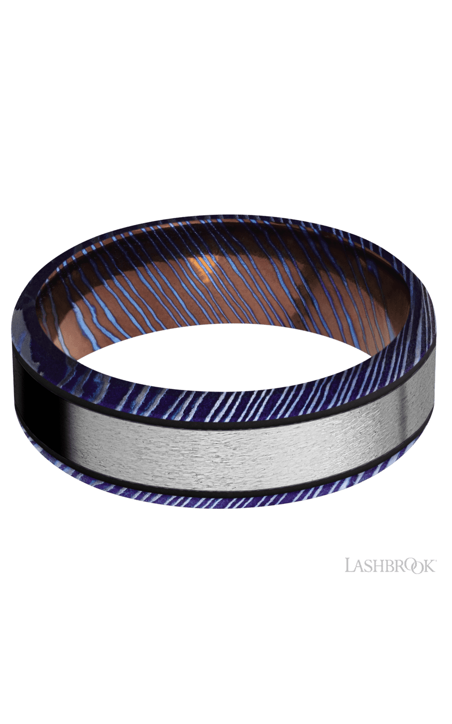 7 mm wide/Beveled/Titanium Damascus band with one 4 mm Centered inlay of Titanium.