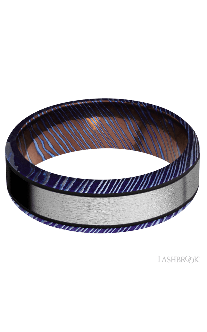 7 mm wide/Beveled/Titanium Damascus band with one 4 mm Centered inlay of Titanium.