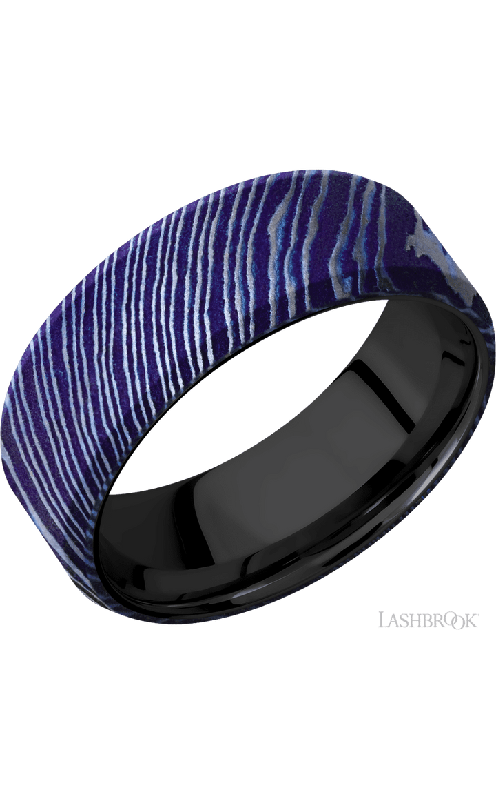 8 mm wide Beveled Titanium Damascus band featuring a Zirconium sleeve.