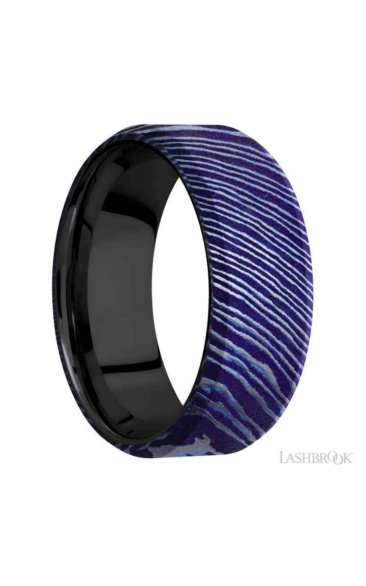 8 mm wide Beveled Titanium Damascus band featuring a Zirconium sleeve.