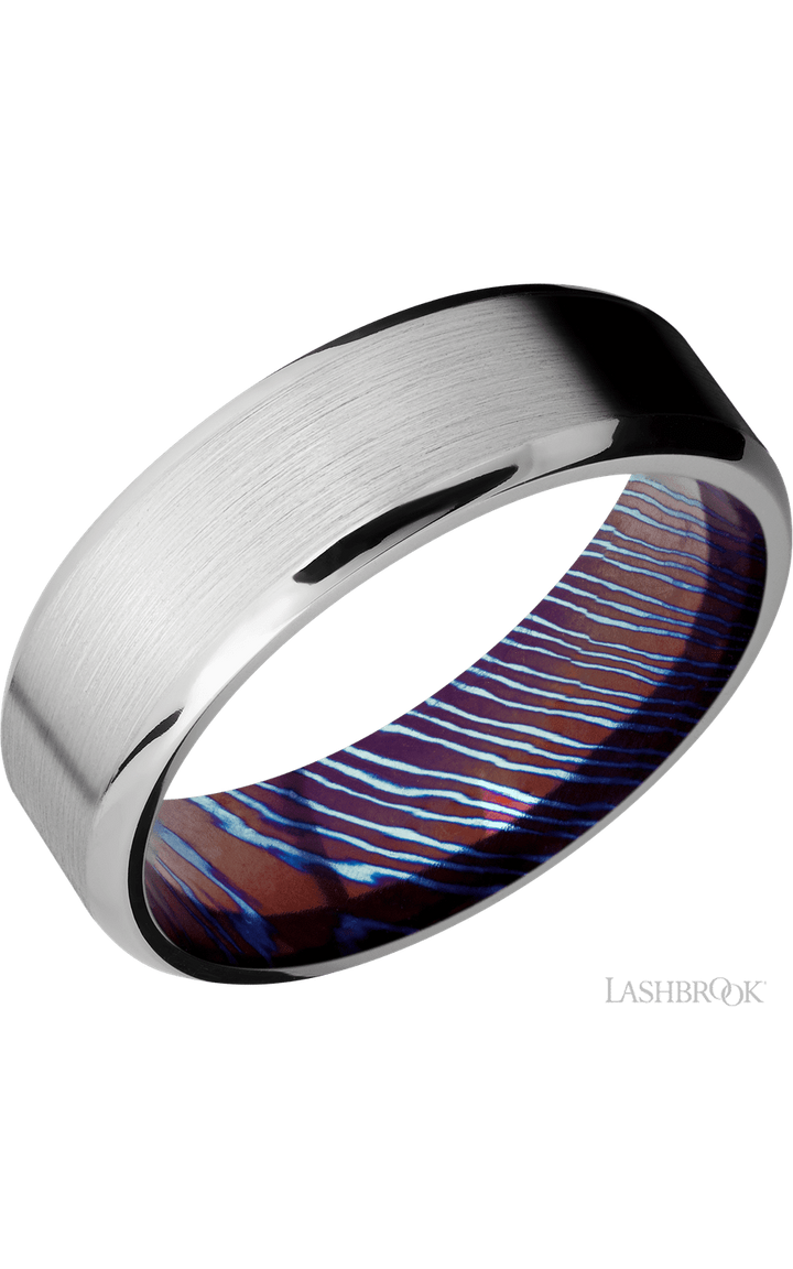 7 mm wide Beveled Cobalt Chrome band featuring a Titanium Damascus sleeve.