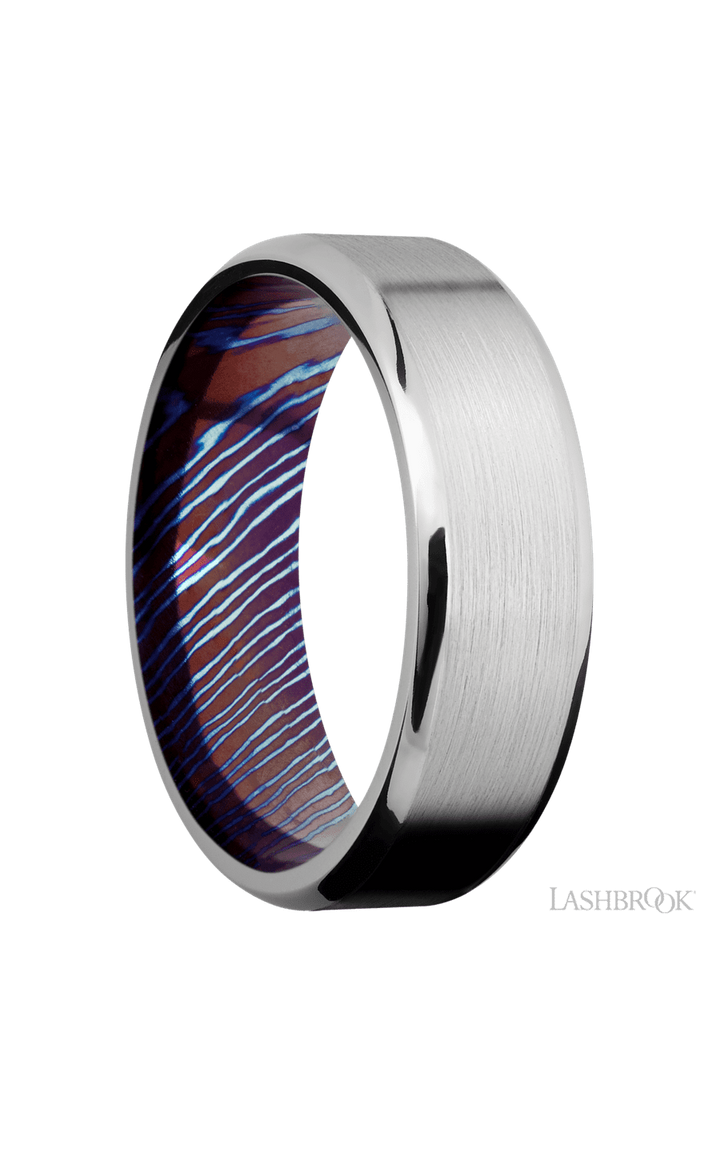 7 mm wide Beveled Cobalt Chrome band featuring a Titanium Damascus sleeve.