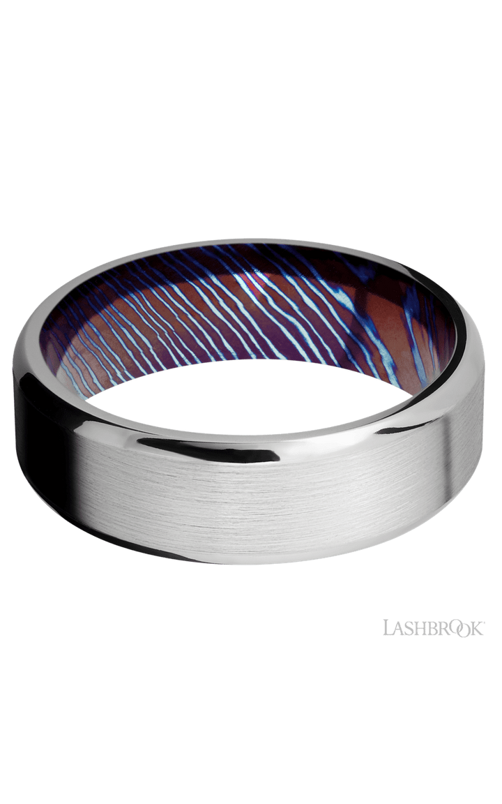 7 mm wide Beveled Cobalt Chrome band featuring a Titanium Damascus sleeve.