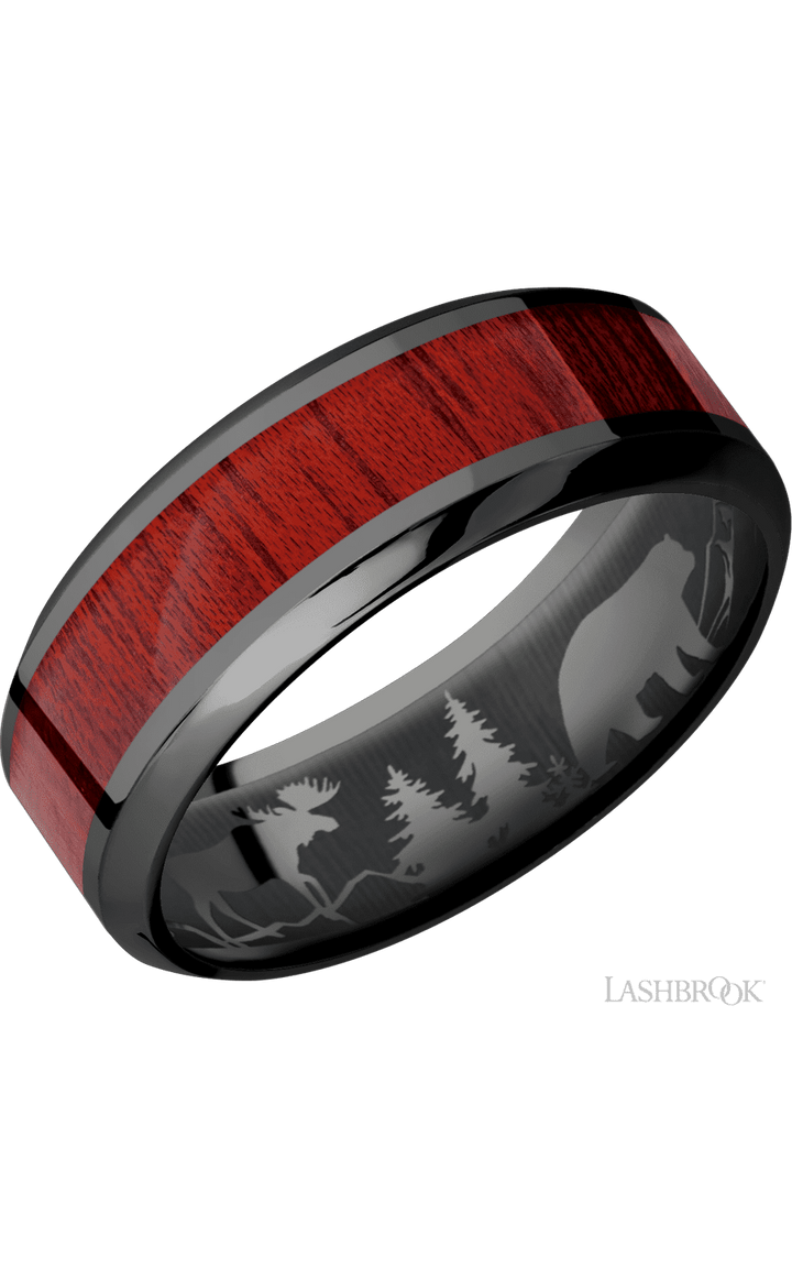 8 mm wide/High Bevel/Zirconium band with one 4 mm Centered inlay of Blood Wood.