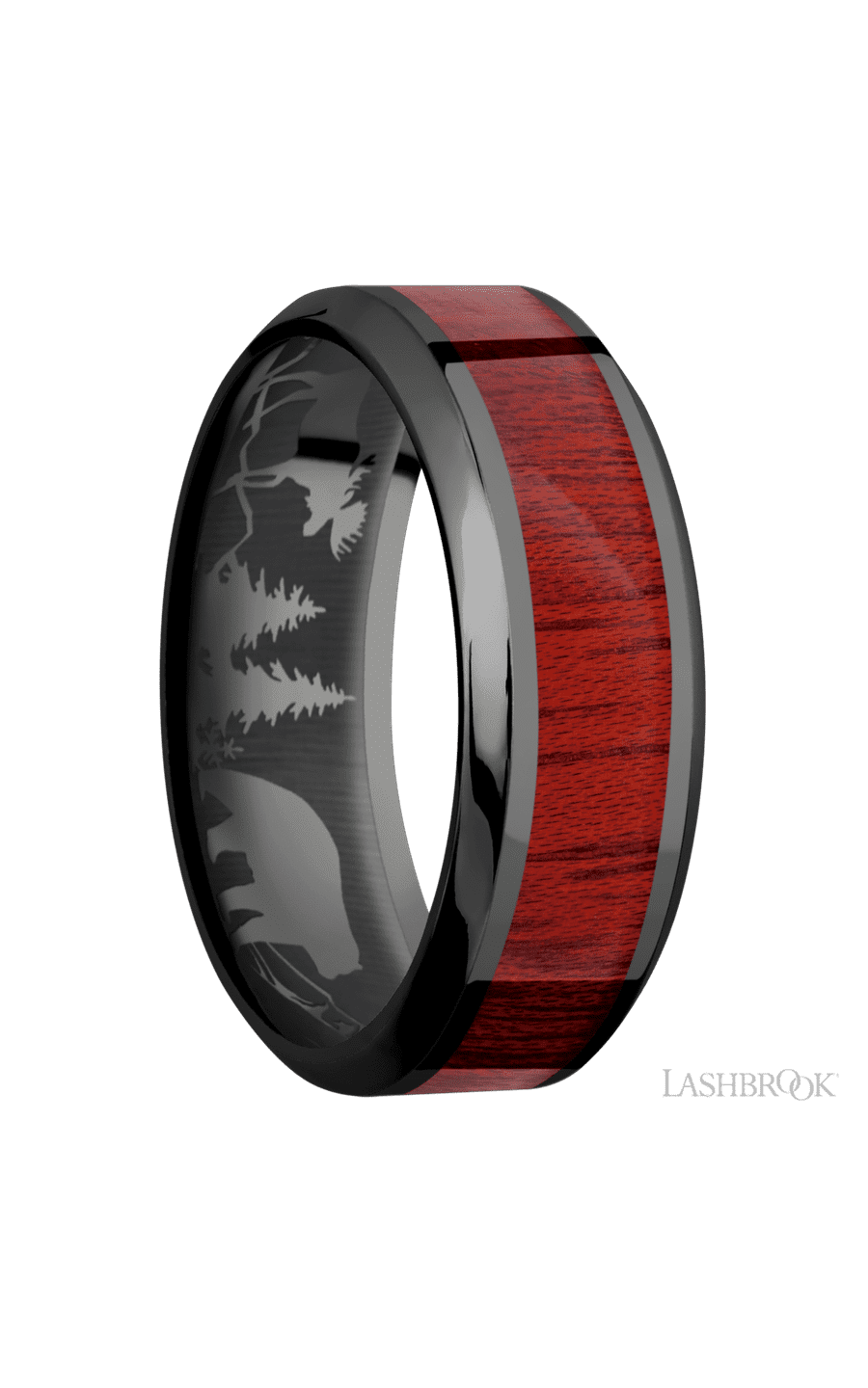 8 mm wide/High Bevel/Zirconium band with one 4 mm Centered inlay of Blood Wood.