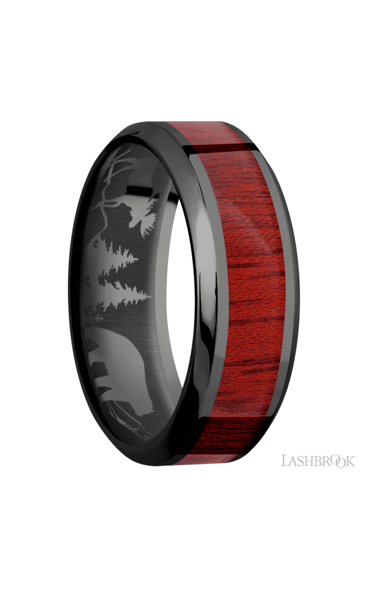 8 mm wide/High Bevel/Zirconium band with one 4 mm Centered inlay of Blood Wood.