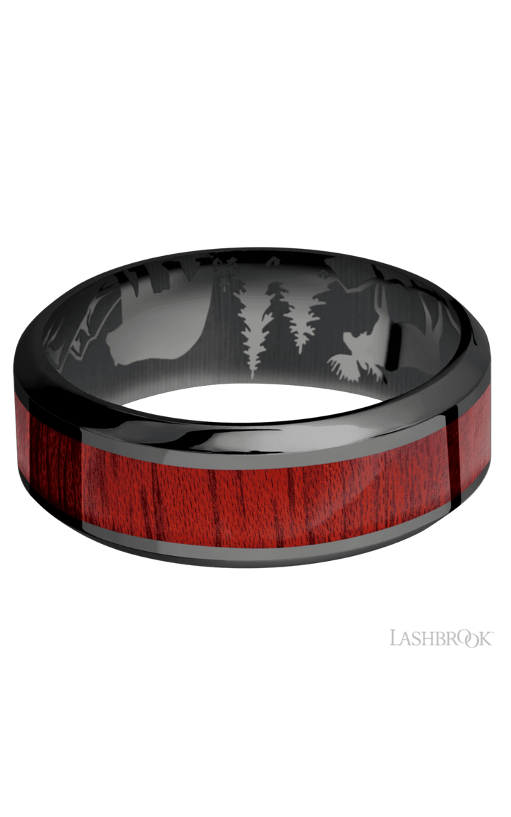 8 mm wide/High Bevel/Zirconium band with one 4 mm Centered inlay of Blood Wood.