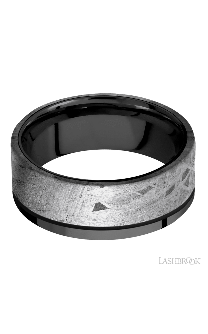 8 mm wide/Flat/Zirconium band with one 6 mm Off Center Edge inlay of Meteorite.