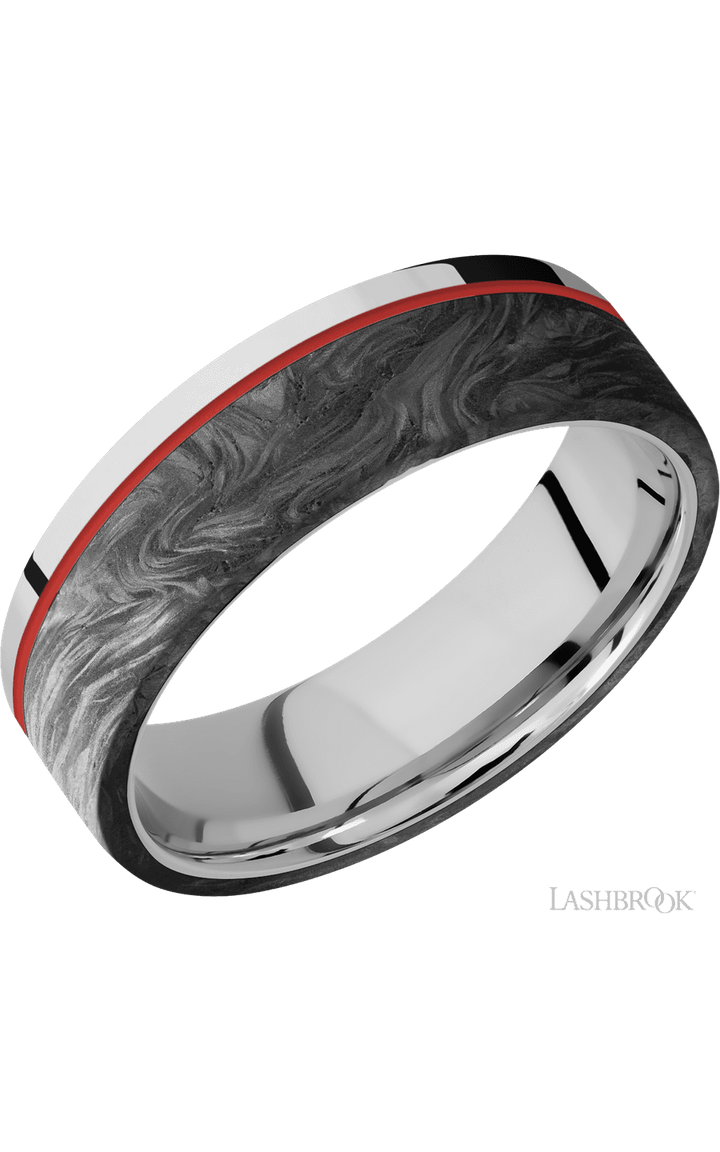 7 mm wide/Flat/Cobalt Chrome band with one 5 mm Off Center Edge inlay of Forged Carbon Fiber.