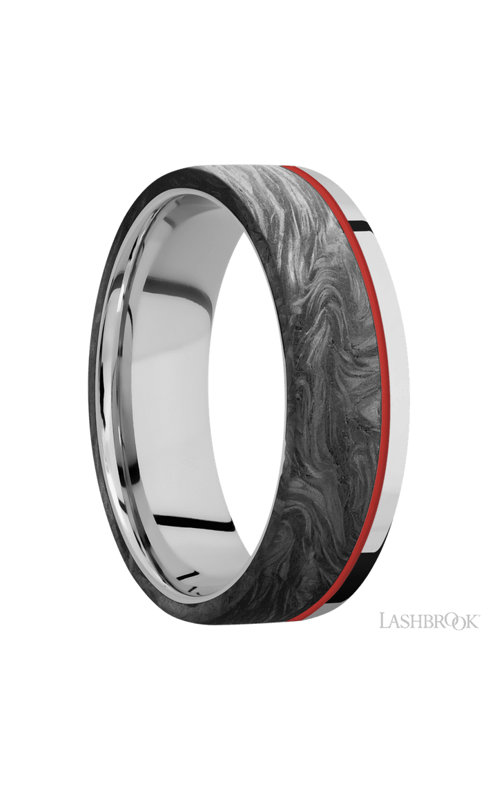 7 mm wide/Flat/Cobalt Chrome band with one 5 mm Off Center Edge inlay of Forged Carbon Fiber.